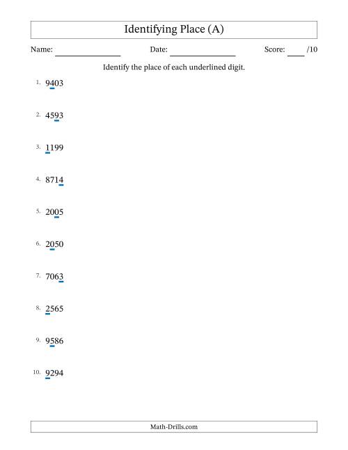 The Identifying Place from Ones to Thousands (A) Math Worksheet