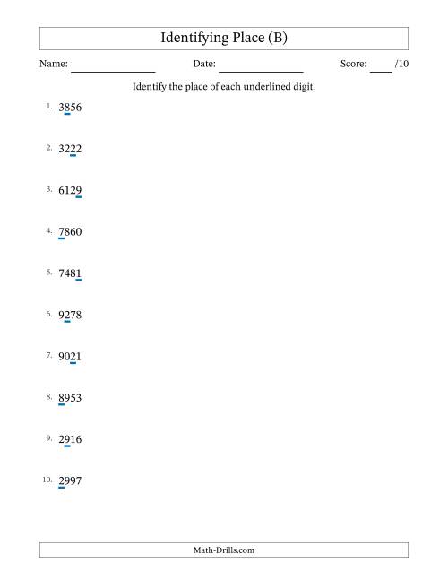 The Identifying Place from Ones to Thousands (B) Math Worksheet