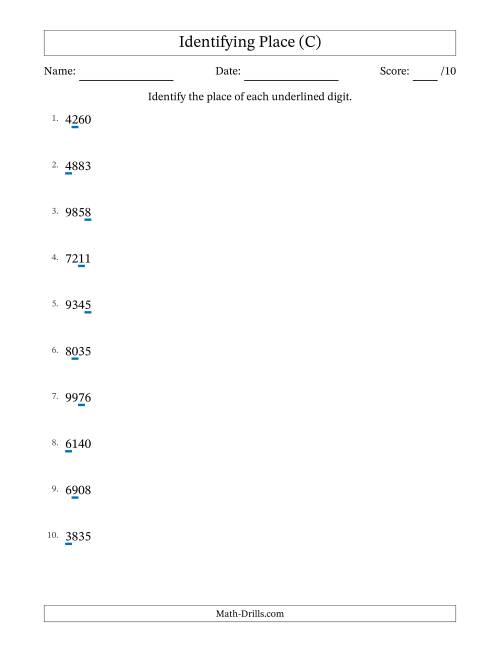The Identifying Place from Ones to Thousands (C) Math Worksheet