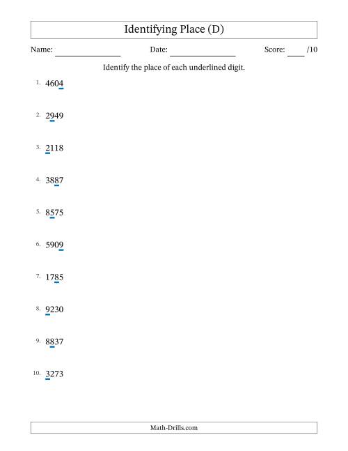 The Identifying Place from Ones to Thousands (D) Math Worksheet