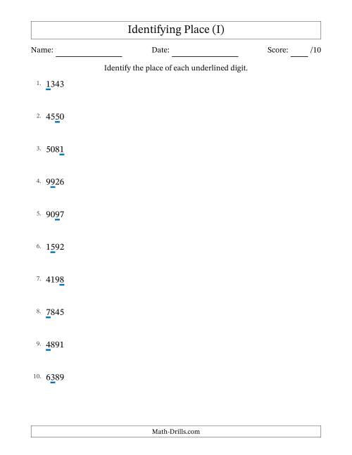 The Identifying Place from Ones to Thousands (I) Math Worksheet