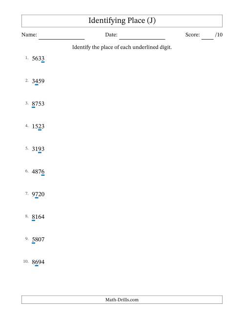 The Identifying Place from Ones to Thousands (J) Math Worksheet