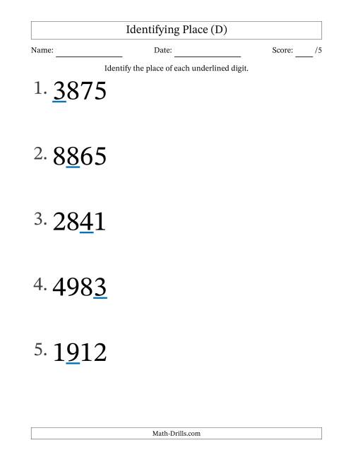 The Identifying Place from Ones to Thousands (Large Print) (D) Math Worksheet