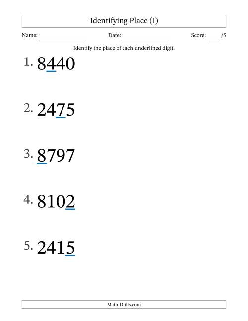 The Identifying Place from Ones to Thousands (Large Print) (I) Math Worksheet