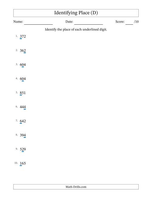 The Identifying Place from Ones to Hundreds (D) Math Worksheet