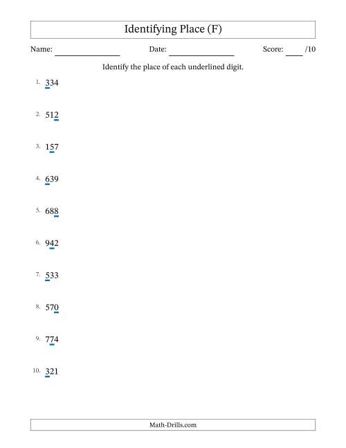 The Identifying Place from Ones to Hundreds (F) Math Worksheet