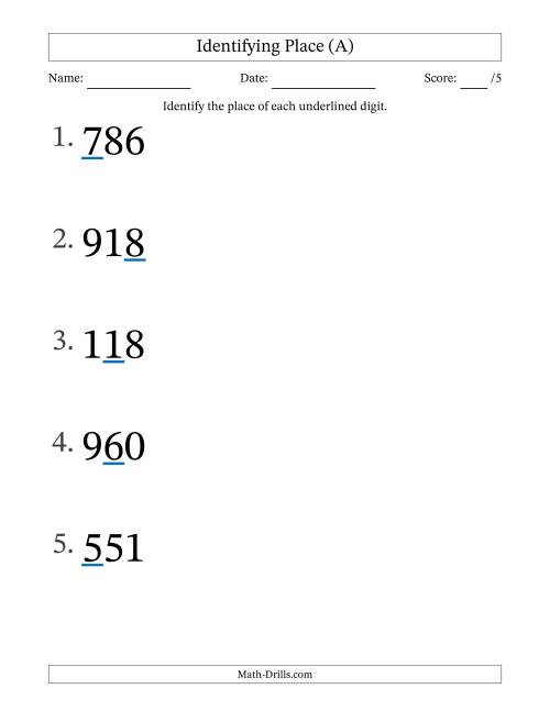 The Identifying Place from Ones to Hundreds (Large Print) (A) Math Worksheet