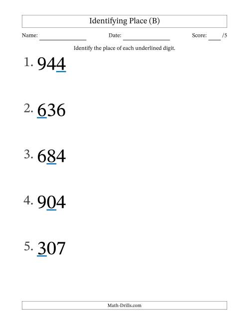 The Identifying Place from Ones to Hundreds (Large Print) (B) Math Worksheet
