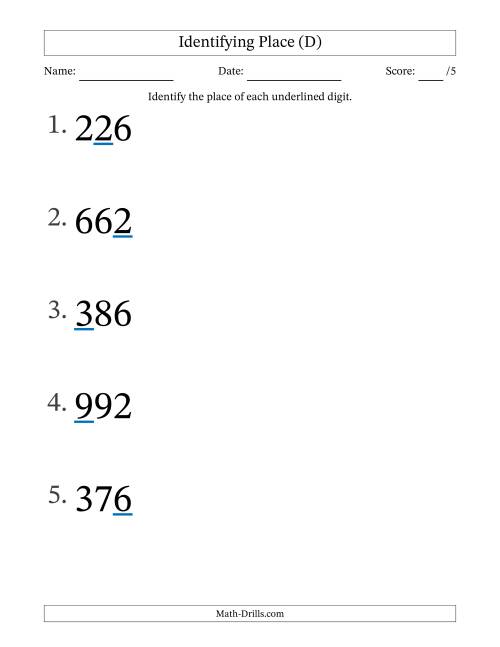 The Identifying Place from Ones to Hundreds (Large Print) (D) Math Worksheet