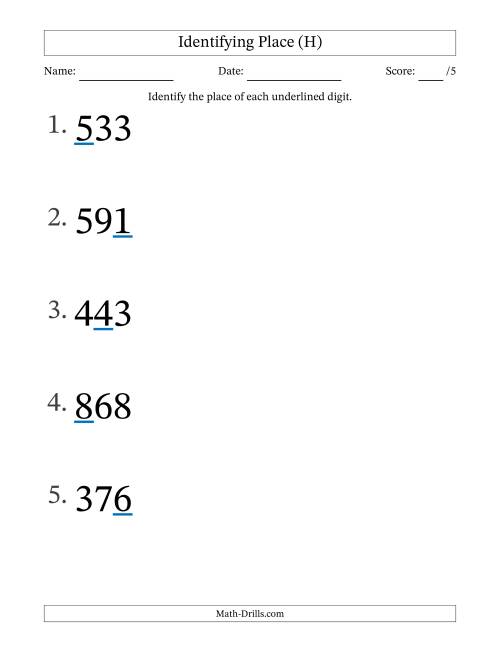 The Identifying Place from Ones to Hundreds (Large Print) (H) Math Worksheet