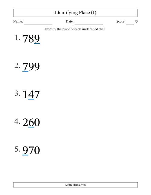 The Identifying Place from Ones to Hundreds (Large Print) (I) Math Worksheet