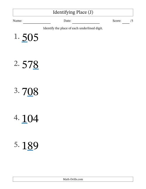 The Identifying Place from Ones to Hundreds (Large Print) (J) Math Worksheet