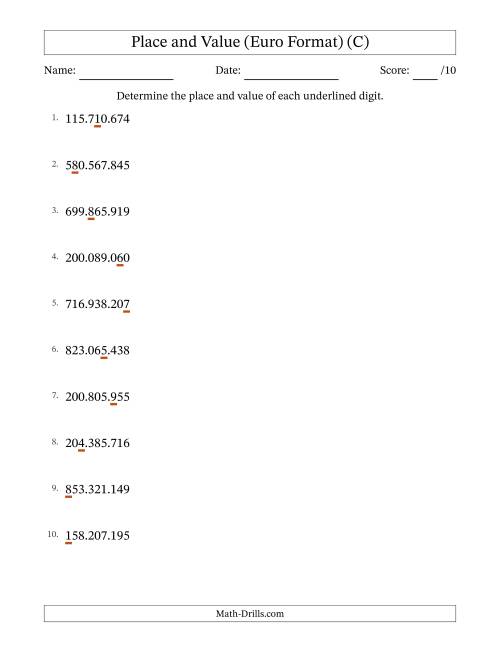 The Euro Format Determining Place and Value from Ones to Hundred Millions (C) Math Worksheet