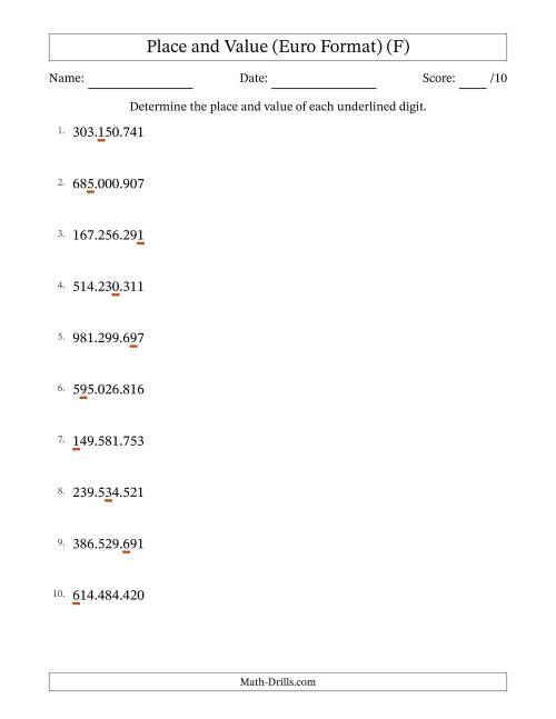 The Euro Format Determining Place and Value from Ones to Hundred Millions (F) Math Worksheet