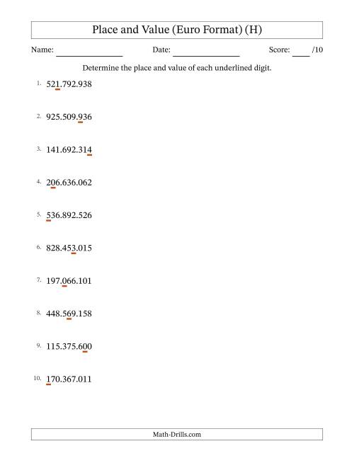 The Euro Format Determining Place and Value from Ones to Hundred Millions (H) Math Worksheet