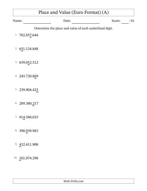 The Euro Format Determining Place and Value from Ones to Hundred Millions (All) Math Worksheet