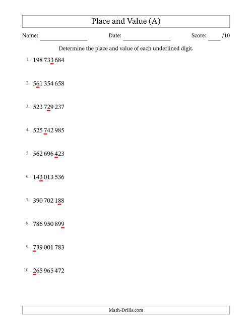 The SI Format Determining Place and Value from Ones to Hundred Millions (A) Math Worksheet