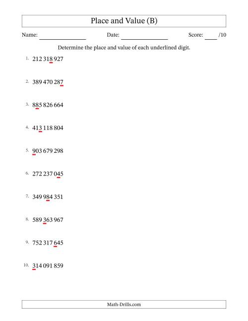 The SI Format Determining Place and Value from Ones to Hundred Millions (B) Math Worksheet
