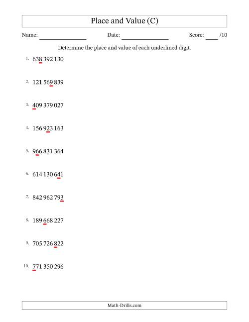 The SI Format Determining Place and Value from Ones to Hundred Millions (C) Math Worksheet