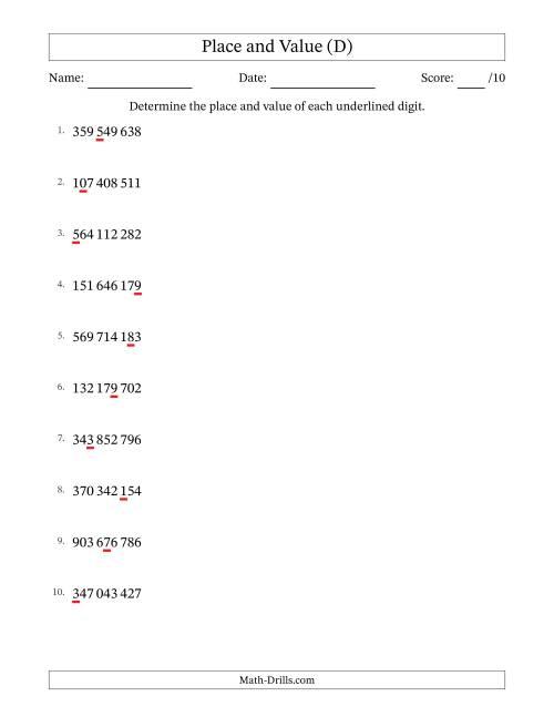 The SI Format Determining Place and Value from Ones to Hundred Millions (D) Math Worksheet