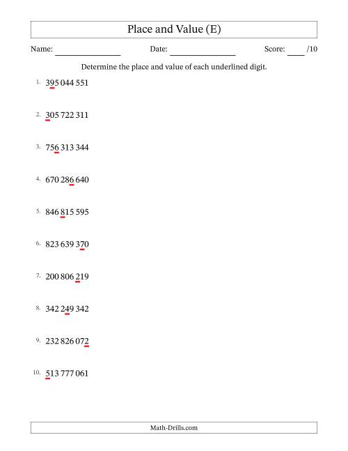 The SI Format Determining Place and Value from Ones to Hundred Millions (E) Math Worksheet