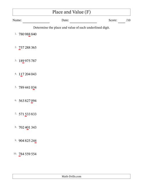 The SI Format Determining Place and Value from Ones to Hundred Millions (F) Math Worksheet