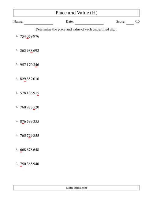 The SI Format Determining Place and Value from Ones to Hundred Millions (H) Math Worksheet