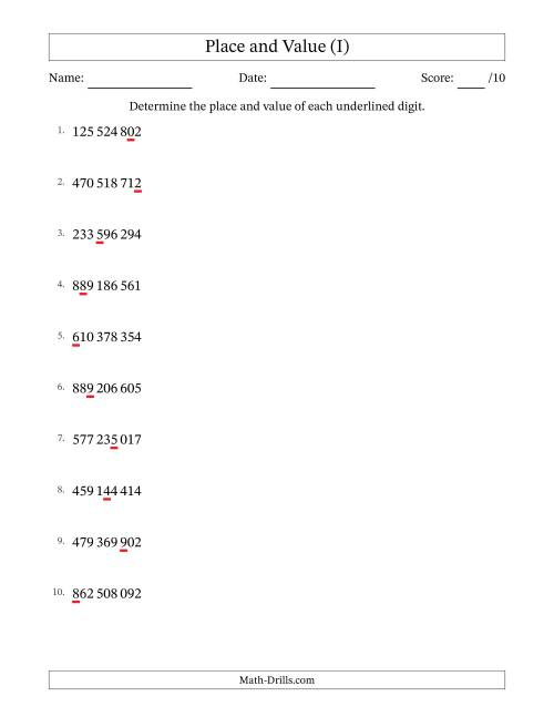 The SI Format Determining Place and Value from Ones to Hundred Millions (I) Math Worksheet