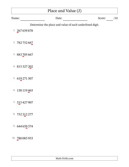 The SI Format Determining Place and Value from Ones to Hundred Millions (J) Math Worksheet