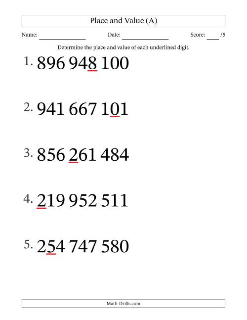 The SI Format Determining Place and Value from Ones to Hundred Millions (Large Print) (All) Math Worksheet
