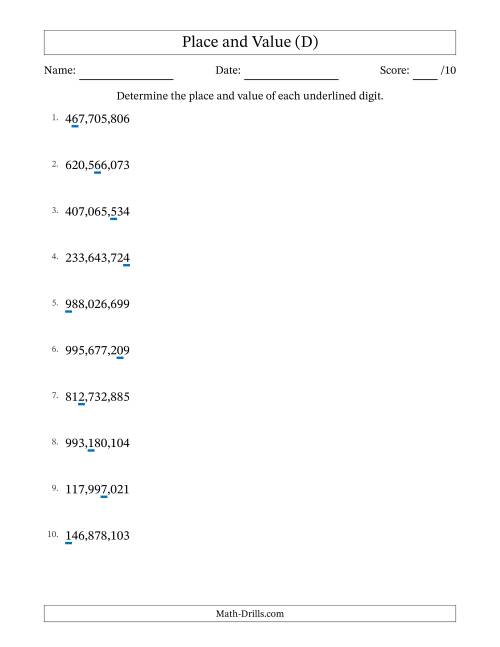 The Determining Place and Value from Ones to Hundred Millions (D) Math Worksheet