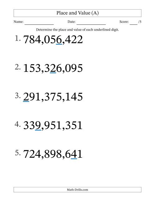 The Determining Place and Value from Ones to Hundred Millions (Large Print) (A) Math Worksheet