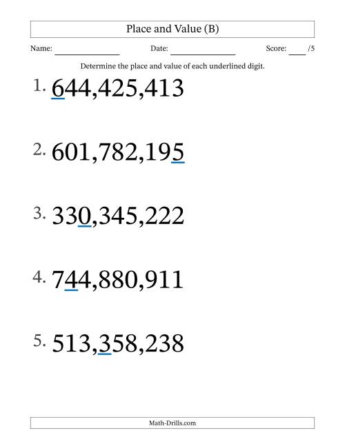 The Determining Place and Value from Ones to Hundred Millions (Large Print) (B) Math Worksheet