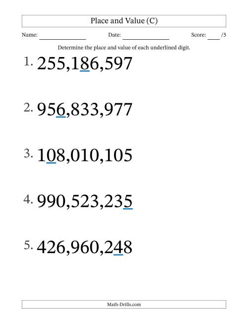 The Determining Place and Value from Ones to Hundred Millions (Large Print) (C) Math Worksheet