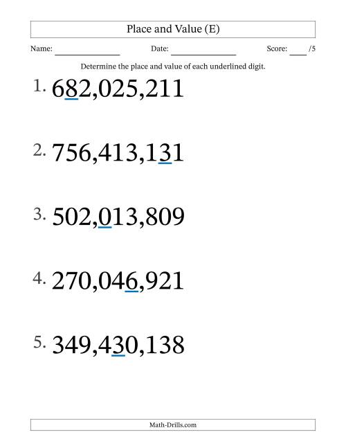 The Determining Place and Value from Ones to Hundred Millions (Large Print) (E) Math Worksheet
