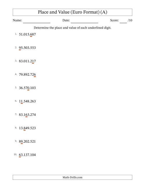 The Euro Format Determining Place and Value from Ones to Ten Millions (A) Math Worksheet