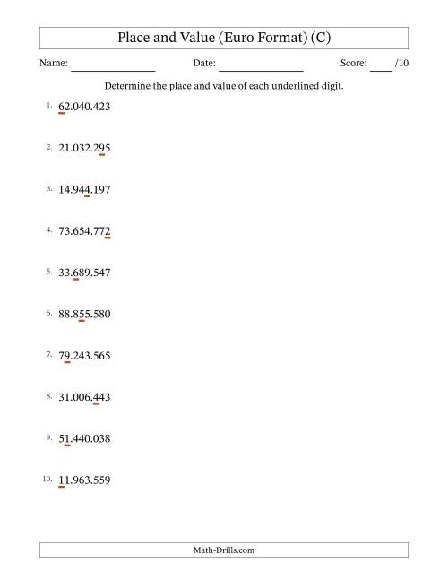 The Euro Format Determining Place and Value from Ones to Ten Millions (C) Math Worksheet