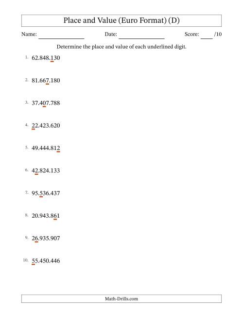 The Euro Format Determining Place and Value from Ones to Ten Millions (D) Math Worksheet