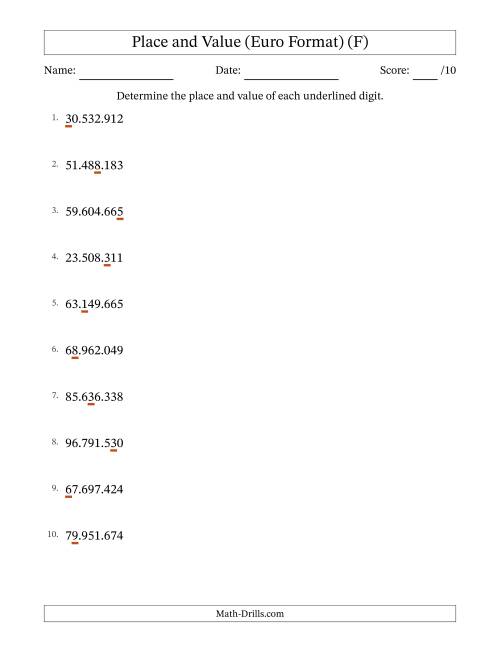 The Euro Format Determining Place and Value from Ones to Ten Millions (F) Math Worksheet