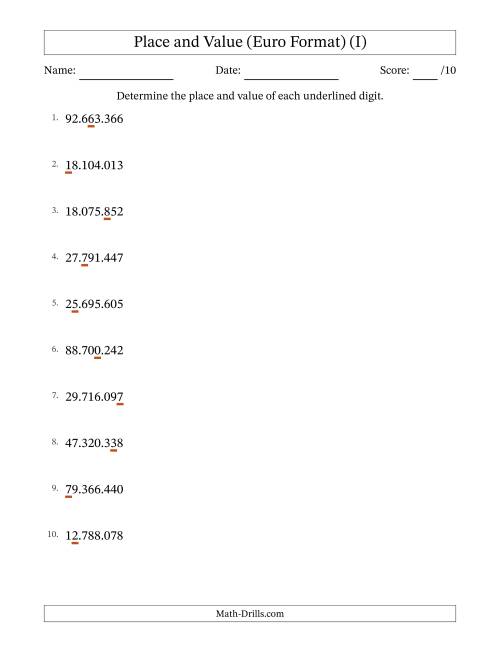The Euro Format Determining Place and Value from Ones to Ten Millions (I) Math Worksheet