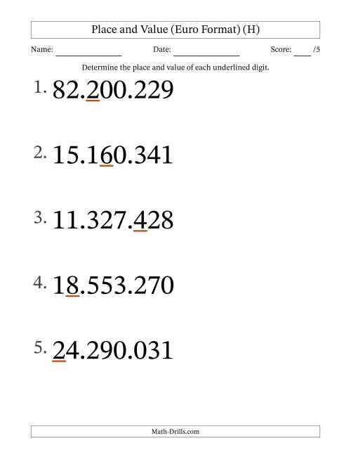 The Euro Format Determining Place and Value from Ones to Ten Millions (Large Print) (H) Math Worksheet