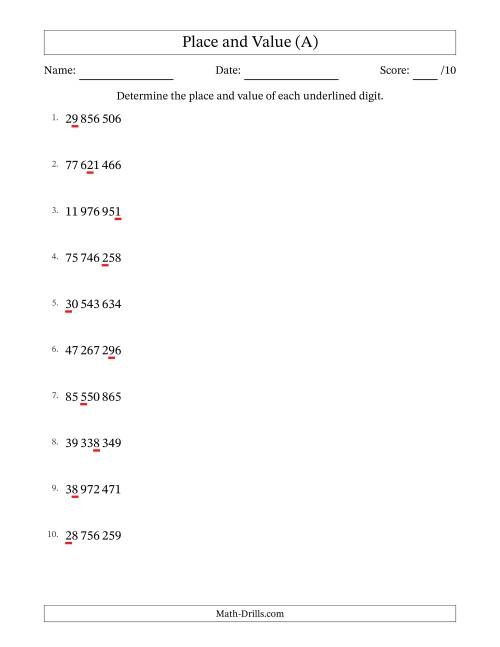 The SI Format Determining Place and Value from Ones to Ten Millions (A) Math Worksheet