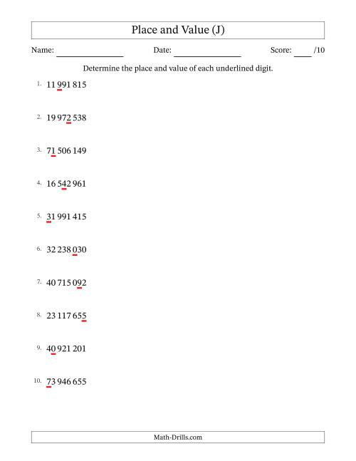 The SI Format Determining Place and Value from Ones to Ten Millions (J) Math Worksheet