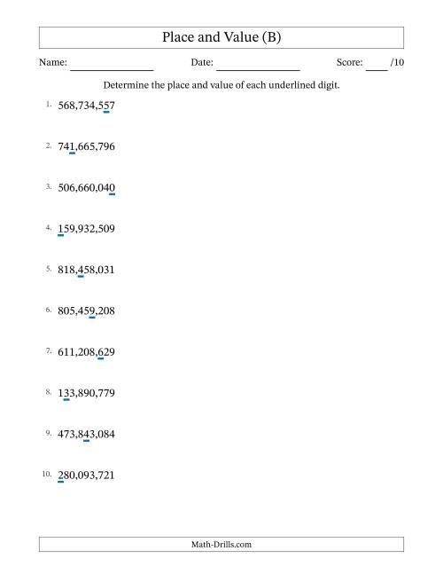 The Determining Place and Value from Ones to Hundred Millions (B) Math Worksheet