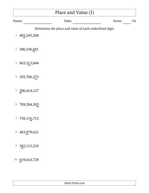 The Determining Place and Value from Ones to Hundred Millions (I) Math Worksheet