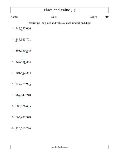 The Determining Place and Value from Ones to Hundred Millions (J) Math Worksheet
