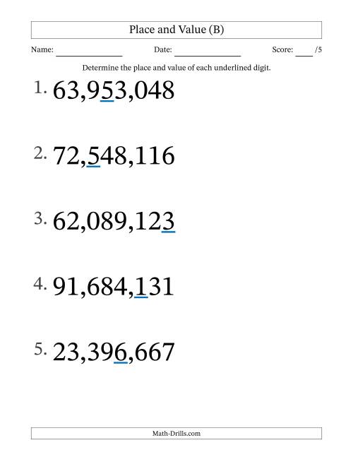 The Determining Place and Value from Ones to Ten Millions (Large Print) (B) Math Worksheet