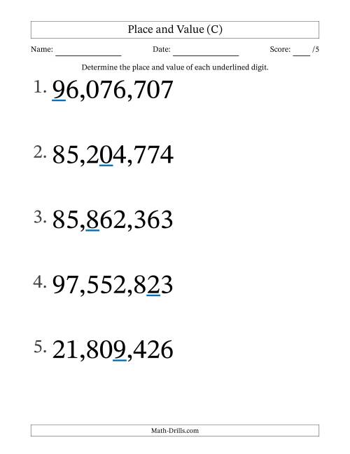 The Determining Place and Value from Ones to Ten Millions (Large Print) (C) Math Worksheet