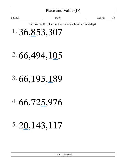 The Determining Place and Value from Ones to Ten Millions (Large Print) (D) Math Worksheet