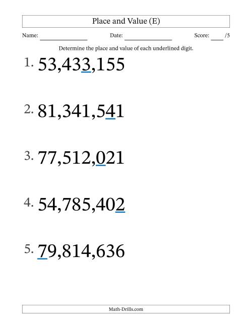 The Determining Place and Value from Ones to Ten Millions (Large Print) (E) Math Worksheet